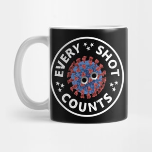 Every Shot Counts. Get Your Vaccine Shots. Virus particle with bullet holes. Mug